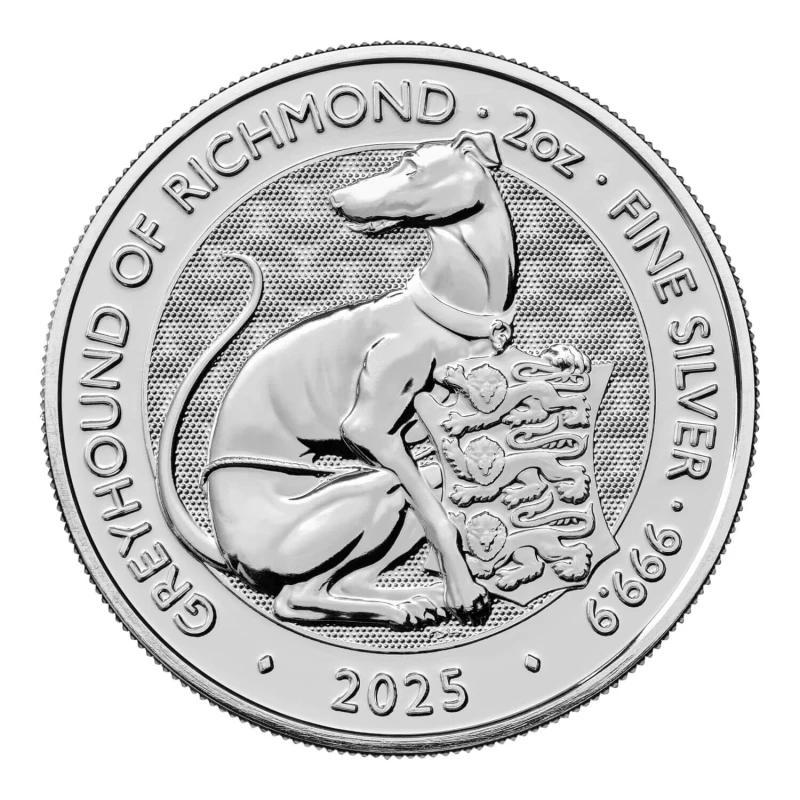 Stříbrná mince Spojeného království The Royal Tudor Beasts Greyhound of Richmond 2025 2 unce Sběratelské mince