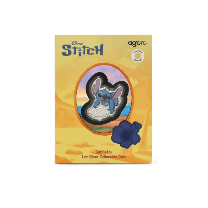 Niue: stříbrná mince Stitch Surf's Up 2025 Proof kolorovaná 1 unce Sběratelské mince