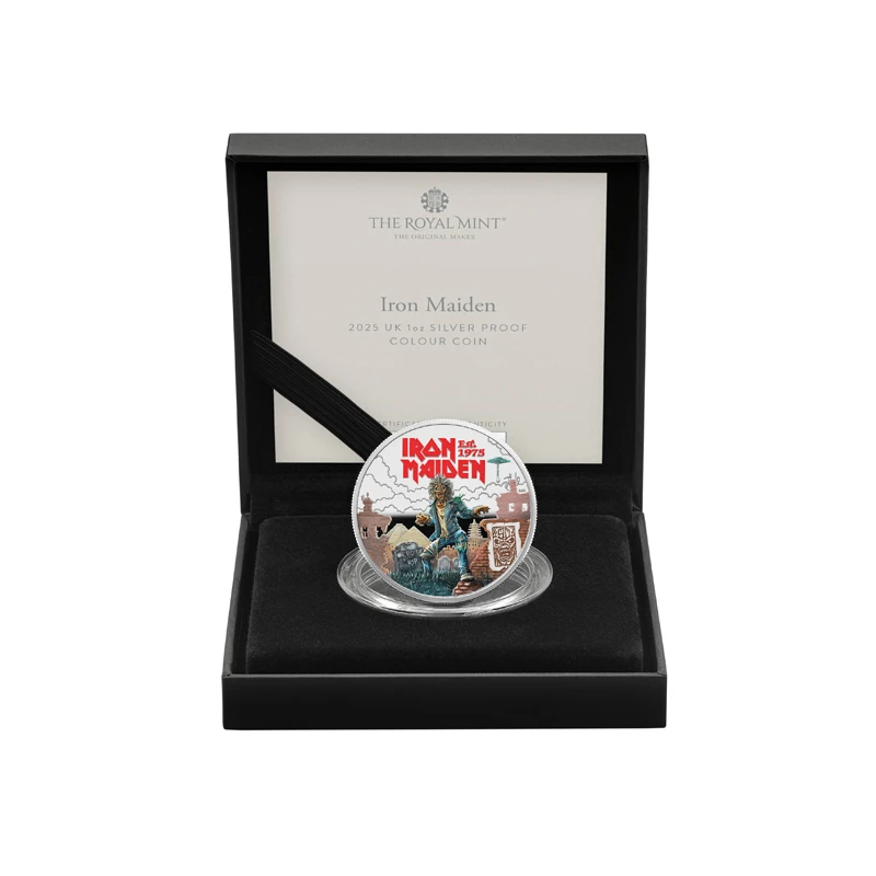 Velká Británie: stříbrná mince Iron Maiden 2025 Proof v barvě 1 unce Sběratelské mince
