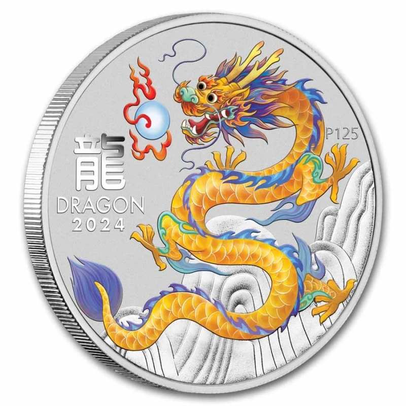 Austrálie: stříbrná mince Rok draka 2024 žlutá 1 oz Investiční mince