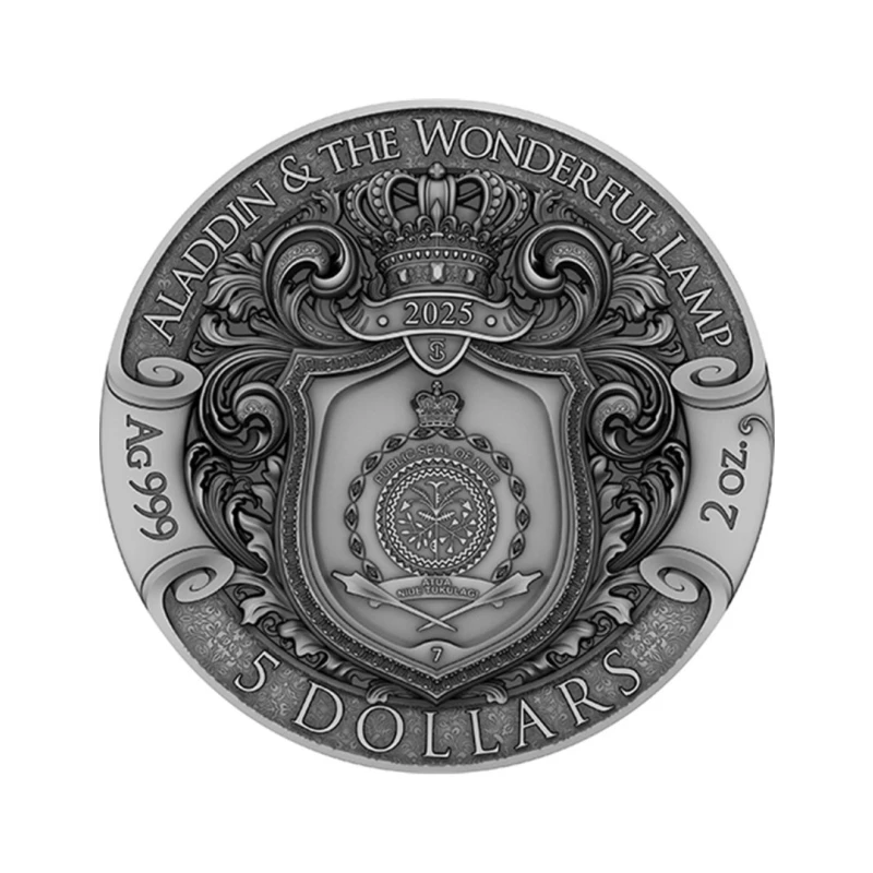 Niue: stříbrná mince Aladin a zázračná lampa 2025 zlacená barevná 2 unce Sběratelské mince