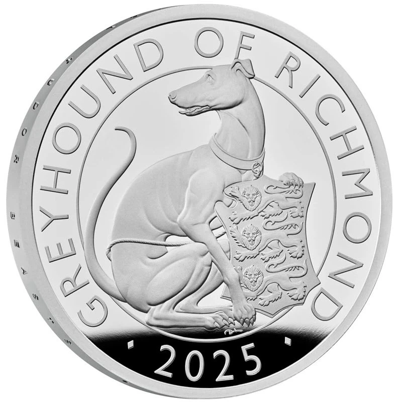 Stříbrná mince Spojeného království The Tudor Beasts White Greyhound of Richmond 2025 Proof 1 unce Sběratelské mince
