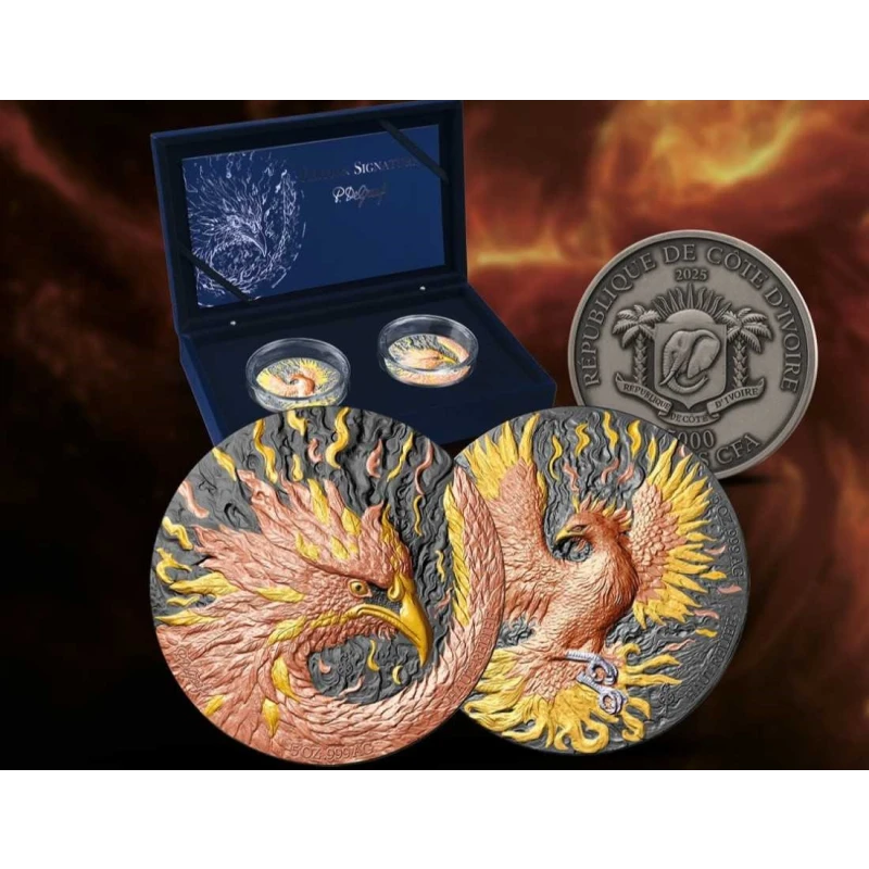 Republika Pobřeží slonoviny: stříbrné mince Phoenix 2025 10 unce Sběratelské mince