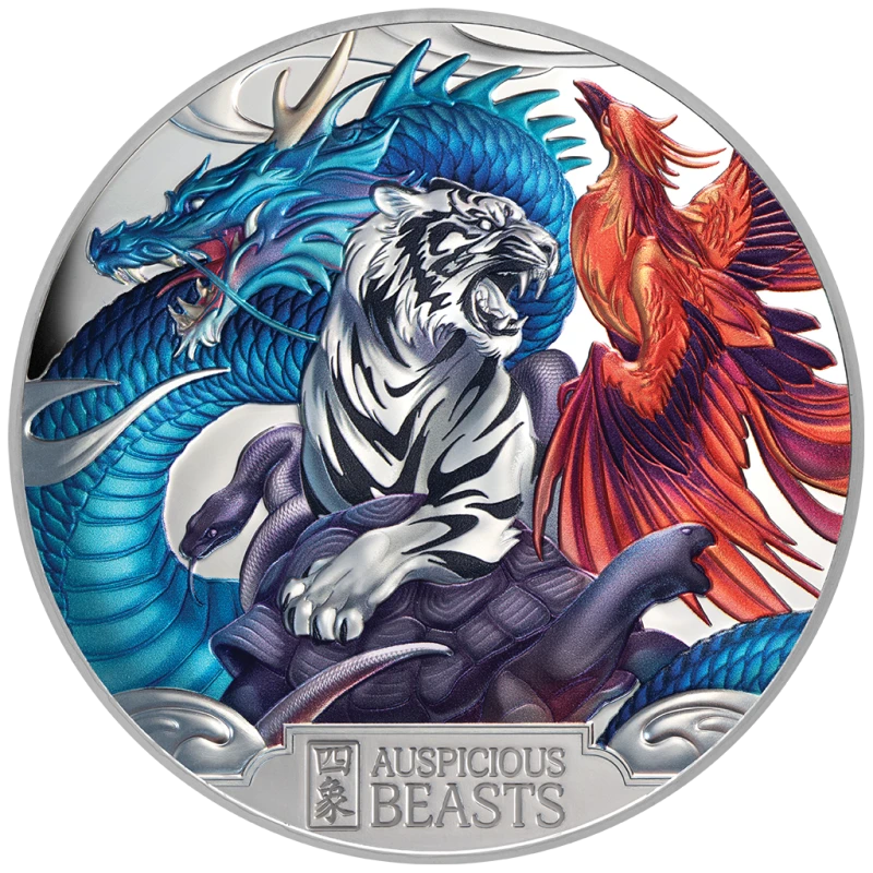 Niue: stříbrná mince Auspicious Beasts 2025 Proof barevná 5 unce Sběratelské mince