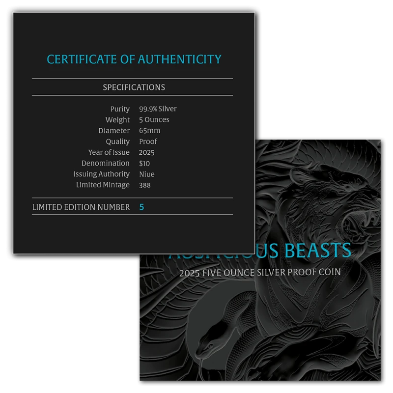 Niue: stříbrná mince Auspicious Beasts 2025 Proof barevná 5 unce Sběratelské mince