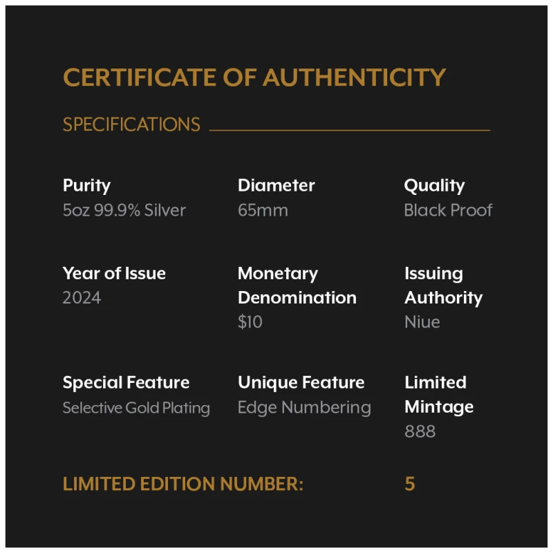 Niue: stříbrná mince Rok draka 2024 Black Proof zlacená 5 unce Sběratelské mince