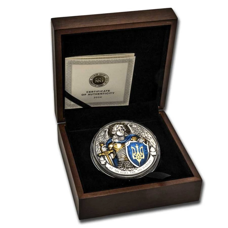 Niue: stříbrná mince Svatý Michael Archanděl 2024 barevná 5 unce Sběratelské mince