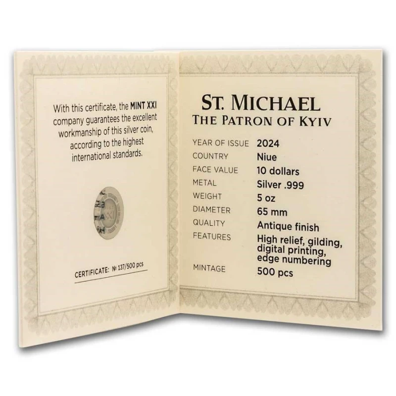 Niue: stříbrná mince Svatý Michael Archanděl 2024 barevná 5 unce Sběratelské mince