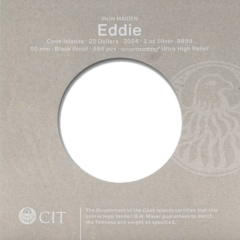 Cook Islands: silver coin IRON MAIDEN Eddie 2024 Black Proof 3 oz Collectible coins