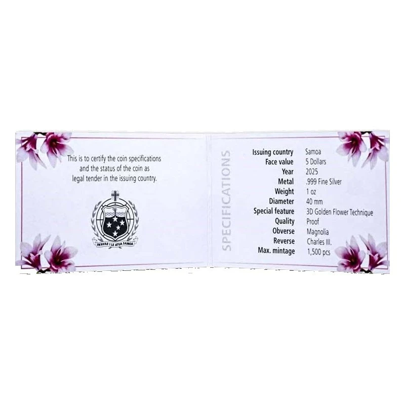 Samoa: stříbrná mince Magnolia 2025 Proof zlacená 1 unce Sběratelské mince