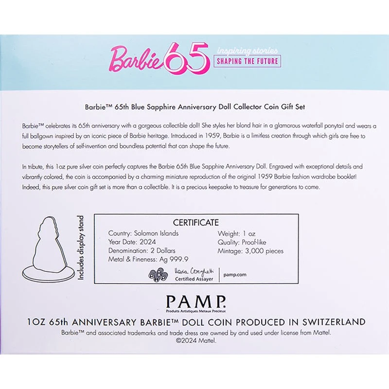 Stříbrná mince Šalamounovy ostrovy Blue Sapphire Barbie 2024 Colored 1 unce Sběratelské mince