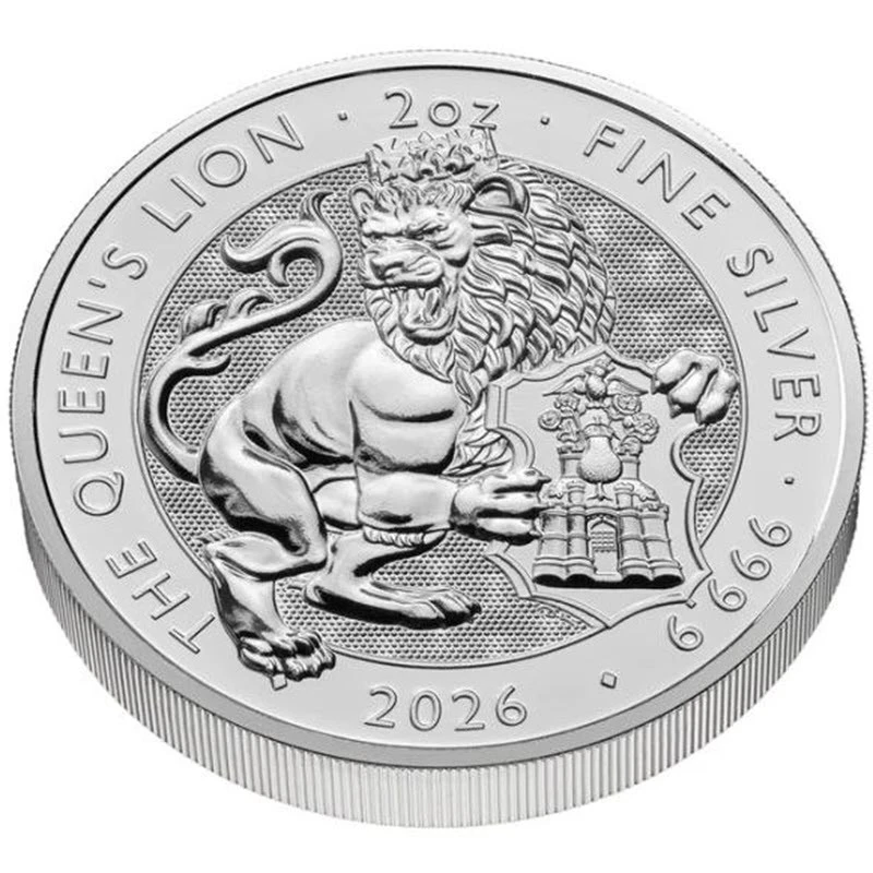 Britská stříbrná sběratelska mince The Royal Tudor Beasts Queen's Lion (Královnin lev) 2026 2 Oz Sběratelské mince