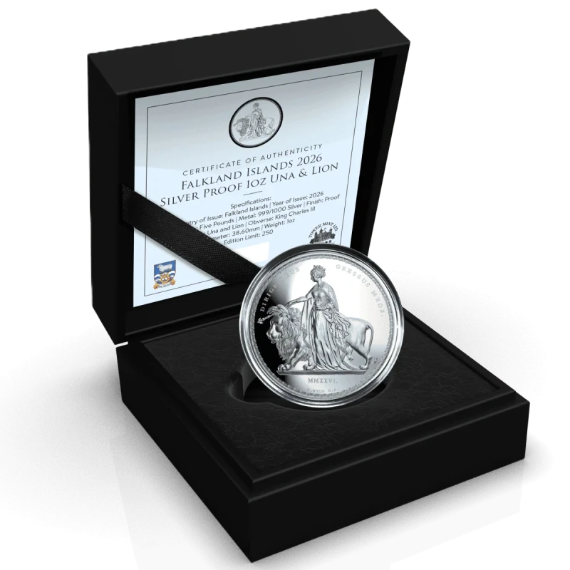 Falkland Islands Silver Coin Una and the Lion 2026 Proof 1 oz Collectible coins